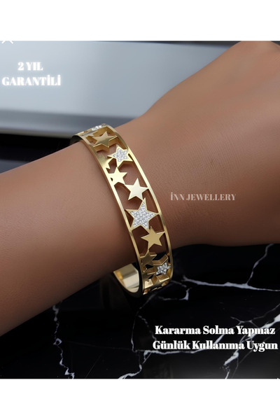 İNN JEWELLERY Gold Handcuff Bracelet with Steel Star Figure