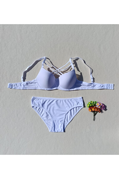 siyalife Hollow Covered Underwire Unpadded Cross String White Bra and Panty Lingerie Set (Hollow)