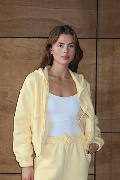 Balenbi Γυναικεία κοντή ζακέτα με φερμουάρ και κουκούλα με 3 κλωστές 1111