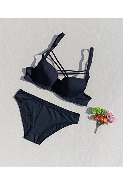 siyalife Hollow Covered Underwire Unpadded Cross String Black Bra and Panty Lingerie Set (Hollow)