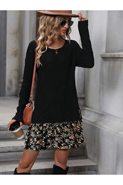 Butik Women's Long Sleeve Crew Neck Hooded Camisole Blouse and Single Jersey Skirt