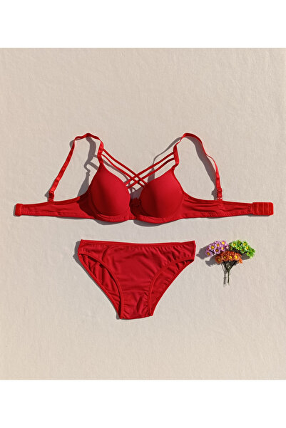 siyalife Hollow Covered Underwire Unpadded Cross String Red Bra and Panty Lingerie Set (Hollow)