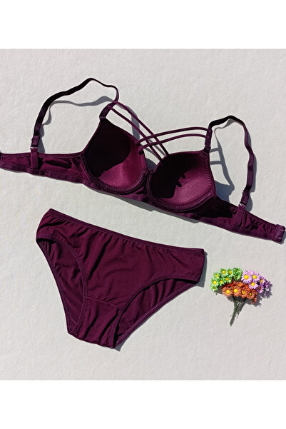 siyalife Hollow Covered Underwire Unpadded Cross String Plum Bra and Panty Lingerie Set (Hollow)