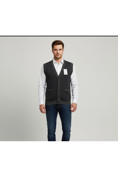 ALGE TRİKO Güncüoğlu Steel Knitted Buttoned Anti-Pilling Men's Knit Vest