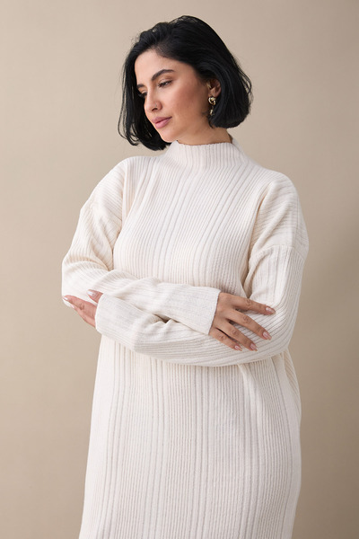 InStyle Arissa Balıkçı Yaka Uzun Triko Elbise - Krem