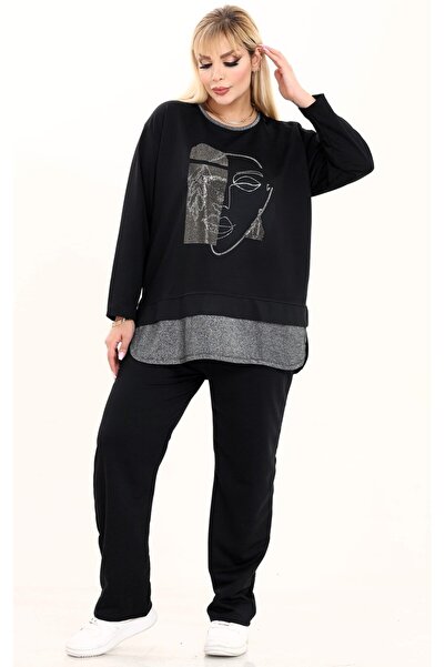 Kheos بدلة رياضية بياقة مستديرة ومزينة بالترتر والأحجار مع أربطة على الخصر وج...