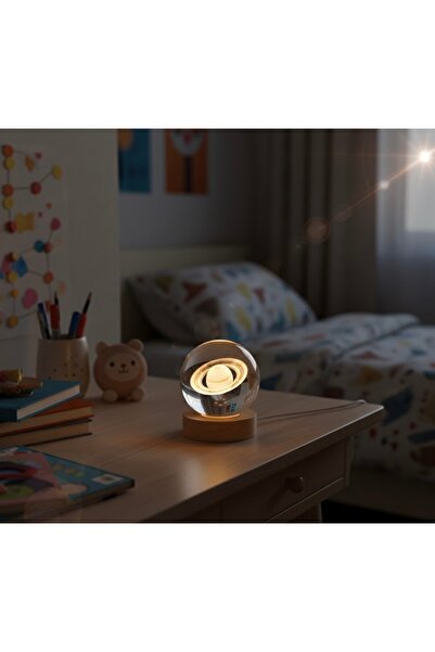 Jovi dekoratıf Işıklı Satürn Gezegen Cam Küresi Usb'li hediyelik masa ve gece...