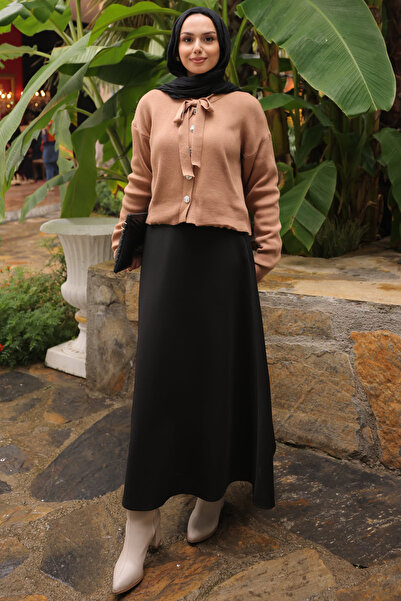 İmajButik Black Elastic Waist Scuba Flared Skirt