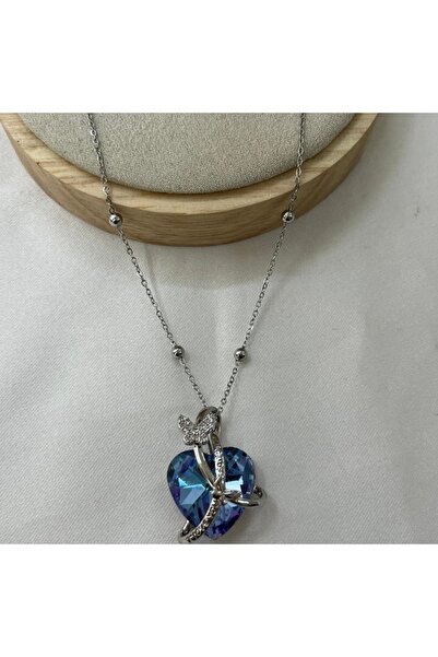 Aksesuar Kalpli Mavi Ve Mor Yansımalı Taşlı Top Zincirli Kelebekli Gümüş Renk...