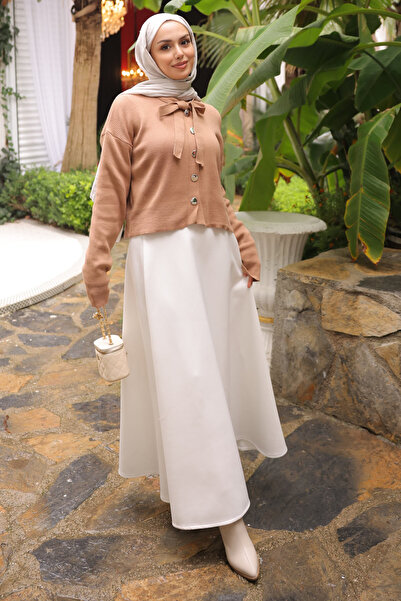 İmajButik Ecru Elastic Waist Scuba Flared Skirt