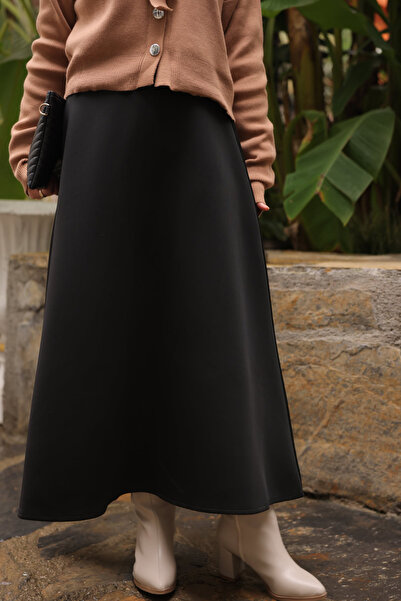 İmajButik Black Elastic Waist Scuba Flared Skirt