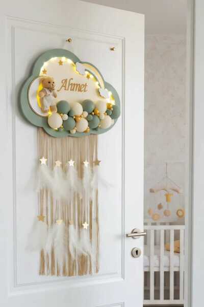 BL Baby Lüks Bubble Ledli Bulut Bebek Kapı Süsü Yeşil Kenar Krem Zemin