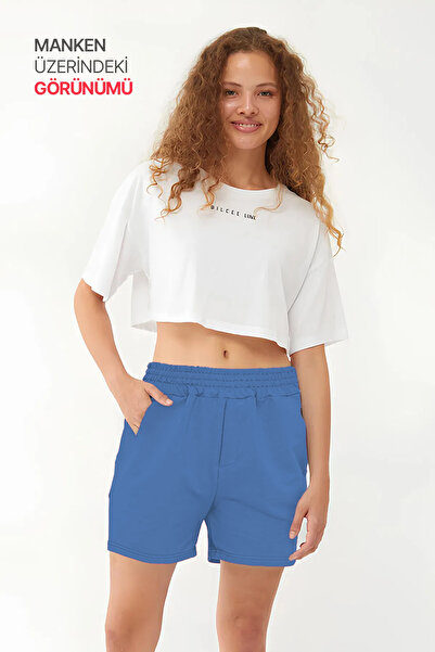 bilcee Quicktime Women's Dark Blue High Waist Cotton Pocket Elastic Waist Sports Shorts 7006