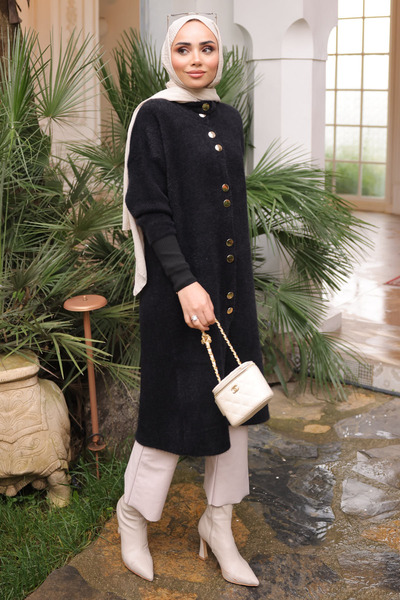 İmajButik Black Buttoned Angora Soft Knit Cardigan