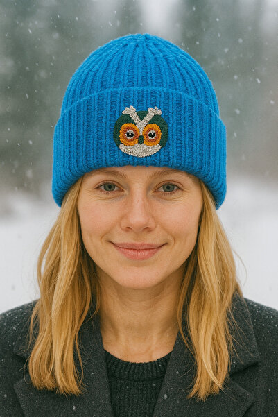byebruketenci Pălărie tip beretă cu bufniță albastră, cadou de Crăciun