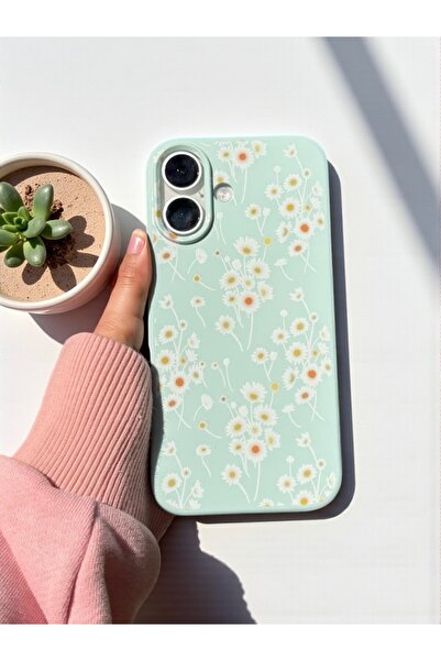KVK PRİVACY iPhone 16 Uyumlu Papatya Desenli Fıstık Yeşili Lansman Liquid Sil...