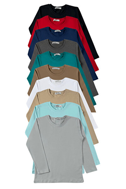 MK Mukko Kids Çocuk Uzun Kollu Tişört-Kız Erkek Çocuk Uzun Kollu Tshirt-10'Lu Set Basic Mevsimlik Üst Badi T-shirt