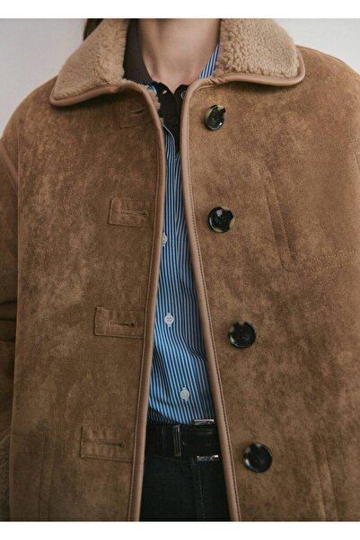 MANGO Woman Suni kürklü deri görünümlü palto