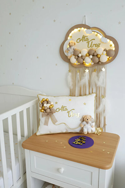 BL Baby Lüks Bubble Ledli Bulut Bebek Kapı Süsü Ve Yastık Kahve Kenar Krem Zemin