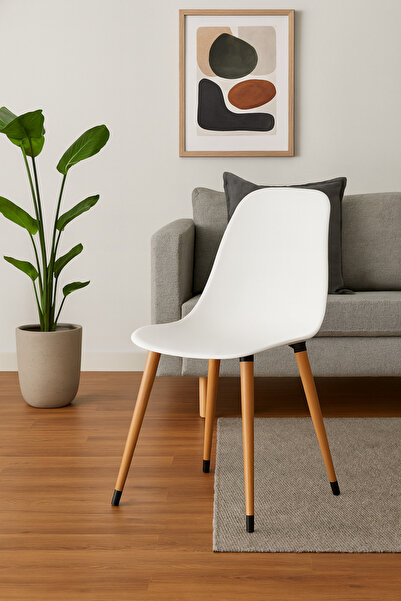 Estelia Abant Beyaz Mutfak Sandalyesi – Ahşap Naturel Ayaklı, Modern ve Ortopedik Tekli Sandalye Pabuçlu