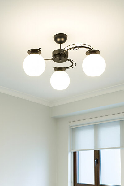 Uçar İlay Modern Tasarım Salon Mutfak Oturma Odası Yatak Odası Siyah Renk Beyaz Camlı 3 lü Avize