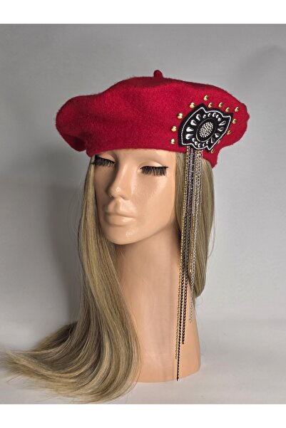 Senbeno Design KIRMIZI FRANSIZ RESSAM BERESİ SALLANTI VE ZİNCİR DETAYLI