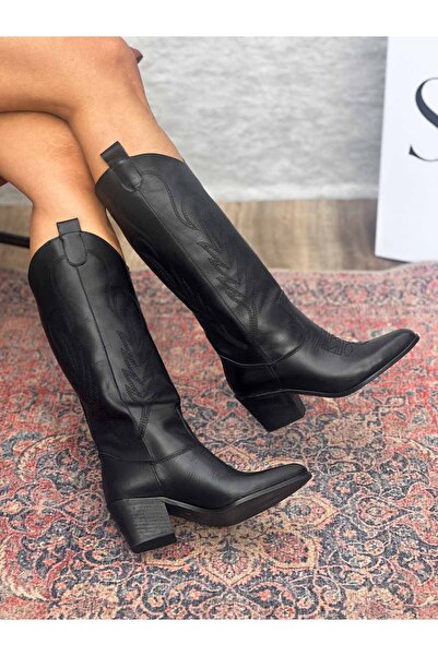 SİBA SHOES Alsvin Hakiki Deri Kadın Siyah Kovboy Çizme