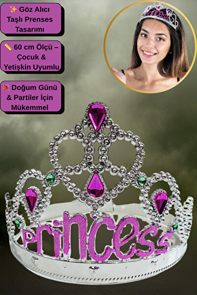 Tamsena Store Pembe Taşlı Prenses Yazılı Parti Tacı Gümüş Renk 60 cm (Çocuk &...