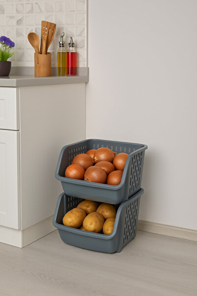 VALENT 2 Katlı Patates & Soğanlık, Katlı Sebzelik, Büyük Düzenleyici, Oyuncak Sepeti, Banyo Organizeri GRİ