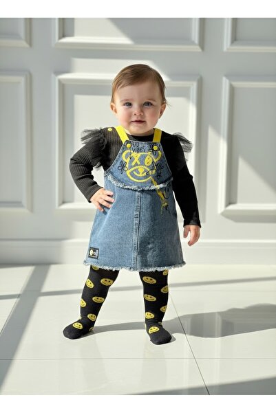 KUMRUNUN DÜNYASI Kız Çocuk Desenli Mevsimlik Kot Salopet Tulum Ayıcık Detaylı...