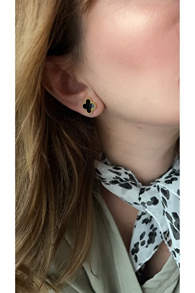 stainles steel Gold siyah yonca modeli küpe