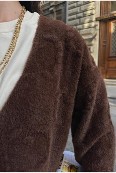 Vaveyla Καφέ γυναικεία πλεκτή ζακέτα με λαιμόκοψη σε σχήμα V