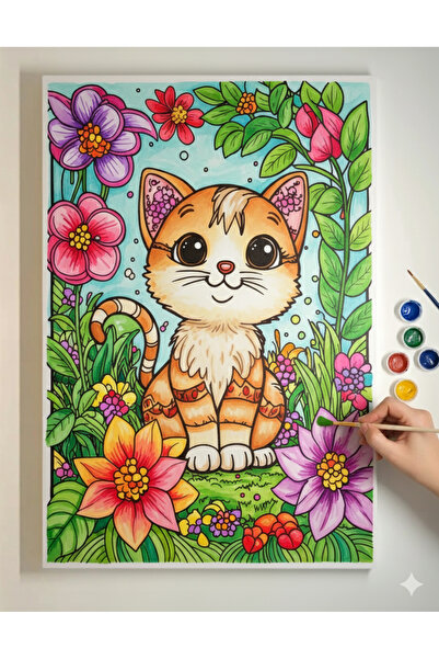dudu ahşap 25x35 Resimli Tuval Çocuk Boyama Seti- Kedi resimli-6 renk akrilik boya ve 2 fırça adet fırça ile