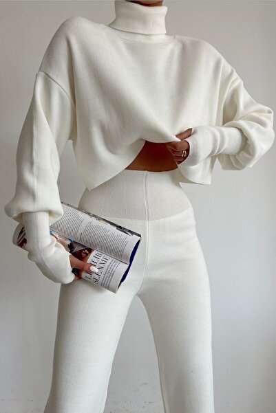 Valoresy Set de damă tricotaj elastic cu talie înaltă - Pulover cu guler înalt și detalii pe degete 015