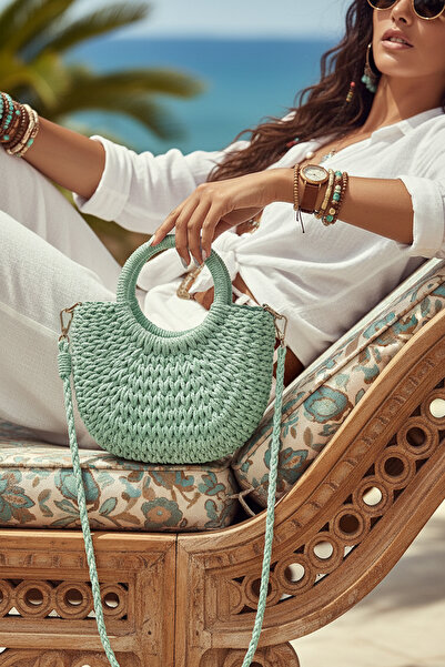 FASHION COCKTAIL Katı Sert Örgü Yarım Ay Saplı Askılı Astar Büzgülü Bohem Min...