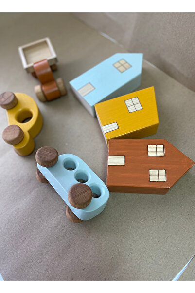 tiny wood Montessori Ahşap Ev ve Araba Seti - 6'lı Eğitici Oyuncak Set