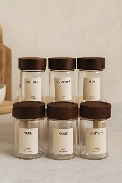 Bohemia Strokko 6’lı 240 ml Akasya Kapaklı Cam Baharatlık Seti + 16 Adet Etiket Hediyeli
