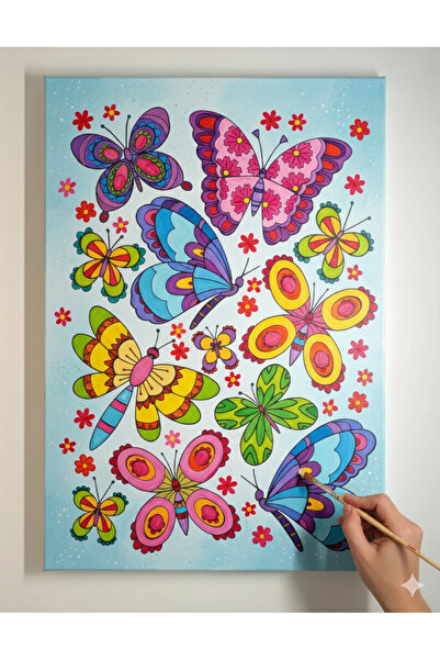 dudu ahşap 25x35 Resimli Tuval Çocuk Boyama Seti- Kelebek resimli-6 renk akrilik boya ve 2 fırça adet fırça ile
