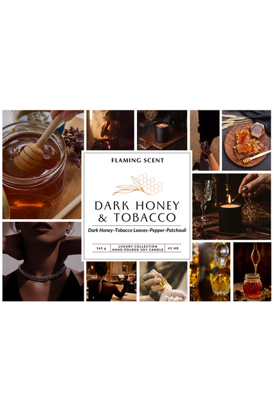 OEM Scented Soy Candle, Flaming Scent, Dark Honey & Tobacco, handmade, wooden wick, 165 g