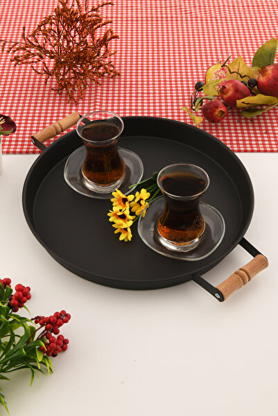 AKSESUAR EVRENİ London 31 cm Black Presentation Metal Serving Tray Set Breakfast Wooden Handle Treat Tray