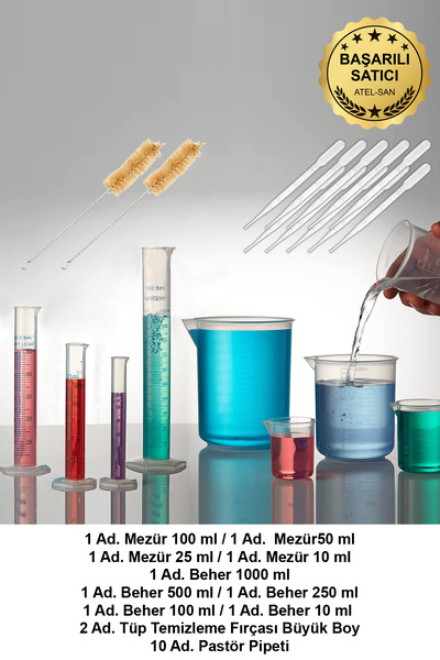 ATEL-SAN tBeher Ve Mezür SET Plastik / Şeffaf (Beher + Mezür + Pastör Pipeti + Tüp Fırçası Büyük Boy)
