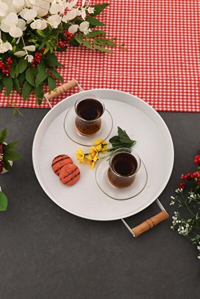 AKSESUAR EVRENİ London 31 cm White Presentation Metal Serving Tray Set Breakfast Wooden Handle Treat Tray