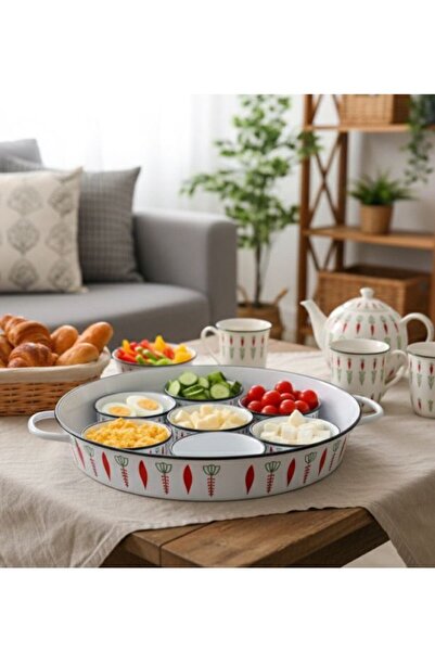 Generic صينية إفطار بغطاء مع زبديات تقديم أبيض/أحمر