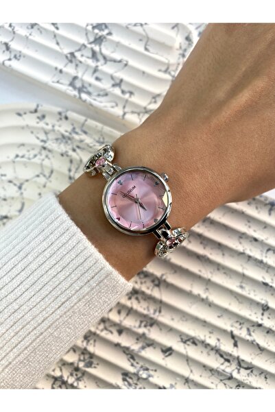 Mazzy Vintage Round Inside Pink Silver Women's Wristwatch