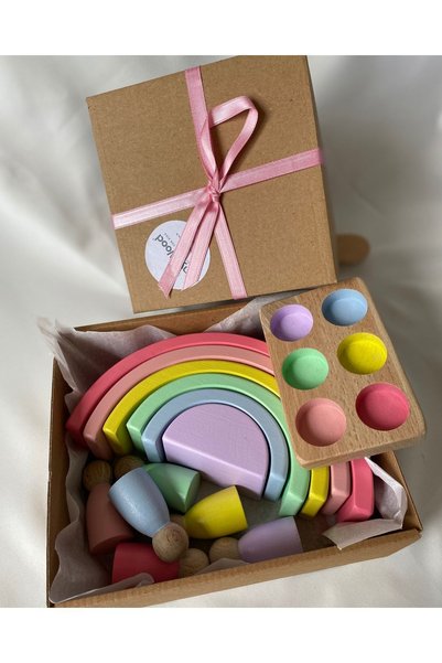 tiny wood مجموعة من 6 قطع باستيل بألوان قوس قزح - مجموعة طاولة أطفال من والدورف
