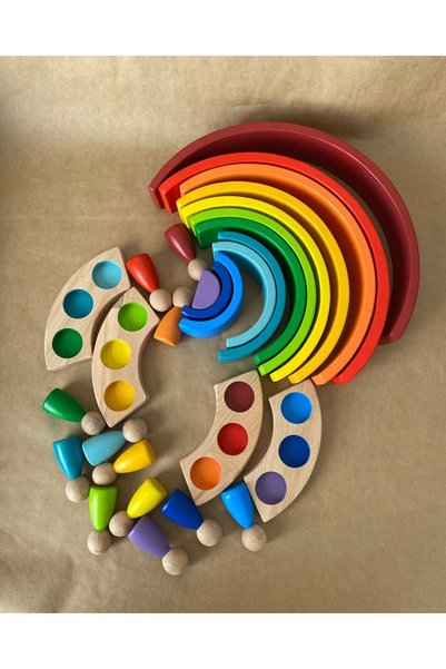 tiny wood مجموعة ألعاب خشبية كبيرة الحجم من 3 قطع من Waldorf Rainbow Peg Baby - Star Tower