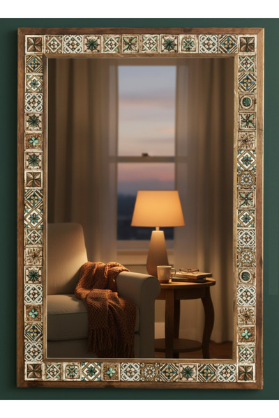 Oscar Stone Decor Ahşap Çerçeveli Mozaik Taş (MERMER) Ayna 63x93 Cm Seramik Desenli Kahverengi