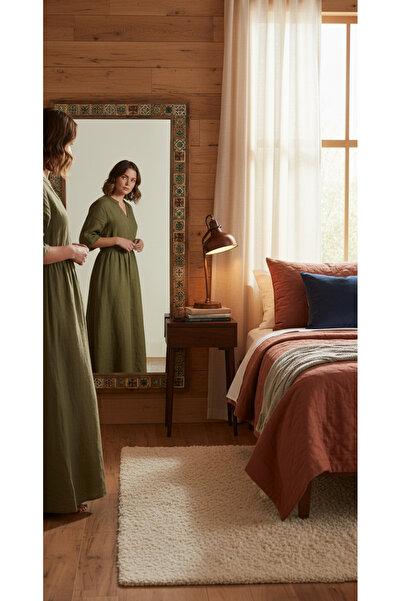 Oscar Stone Decor Masif Ahşap Çerçeveli Mozaik Taş (mermer) Ayna Seramik Çini Desenli Konsol Dresuar Balkon Aynası