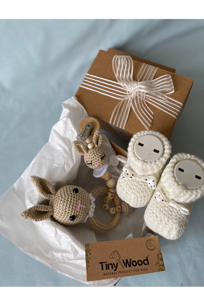 tiny wood Organik Yeni Doğan Bebek İsimli Emzik Askısı Hediye Seti, Yenidoğan...