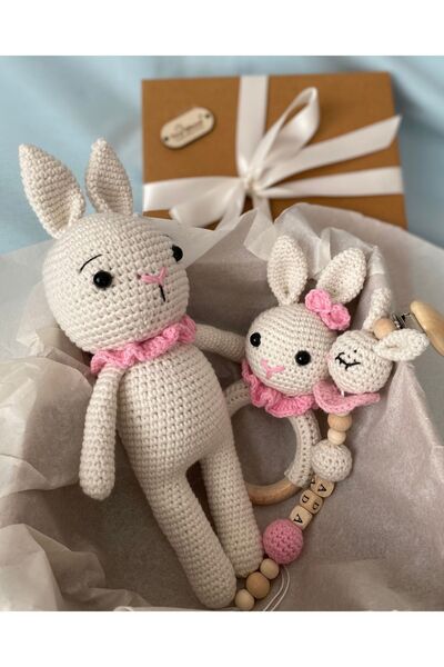 tiny wood Amigurumi Tavşancık Hediyelik Yenidoğan 3 Lü Set, Kız Bebek Hoşgeld...